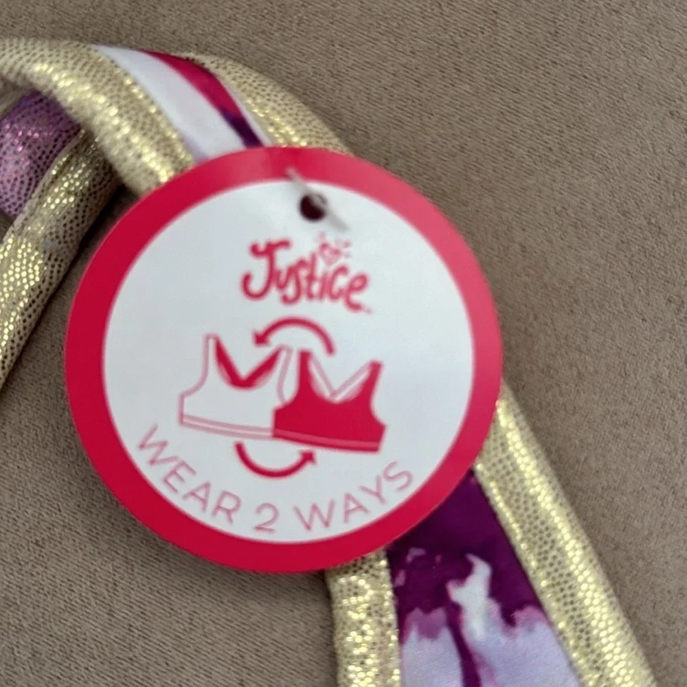 JUSTICE. NWT. Girls. Reversible Sports Bra. Pink & White w/gold‎ trim. XS…